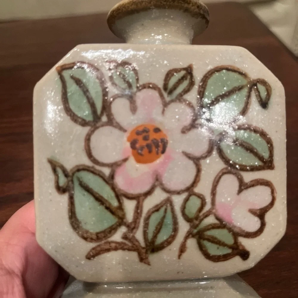Vintage Square Salt Glazed Flat Floral Painted Stoneware Small Bud Vase